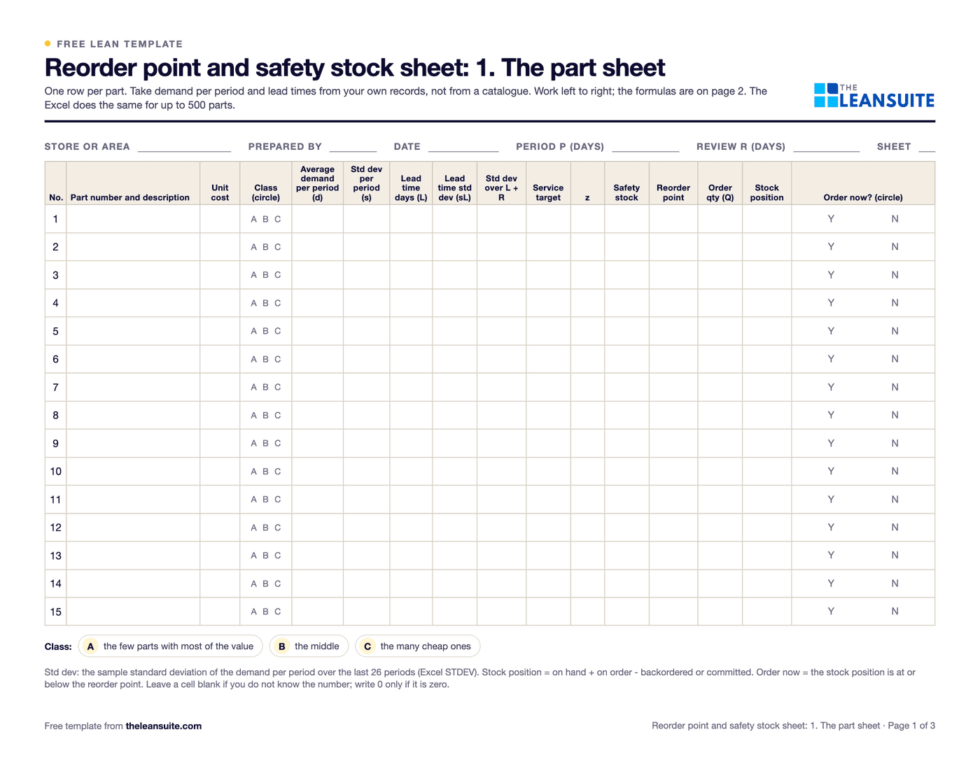 Page 1 of the reorder point and safety stock sheet