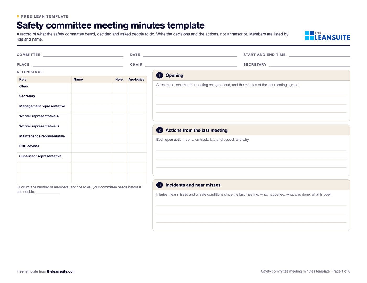 Page 1 of the safety committee meeting minutes template