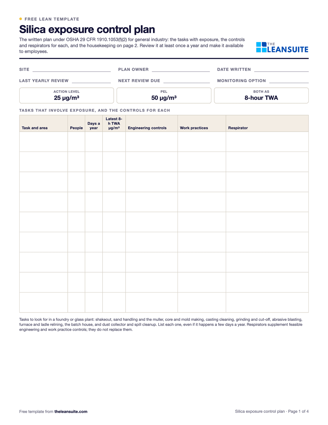 Page 1 of the silica exposure control plan template