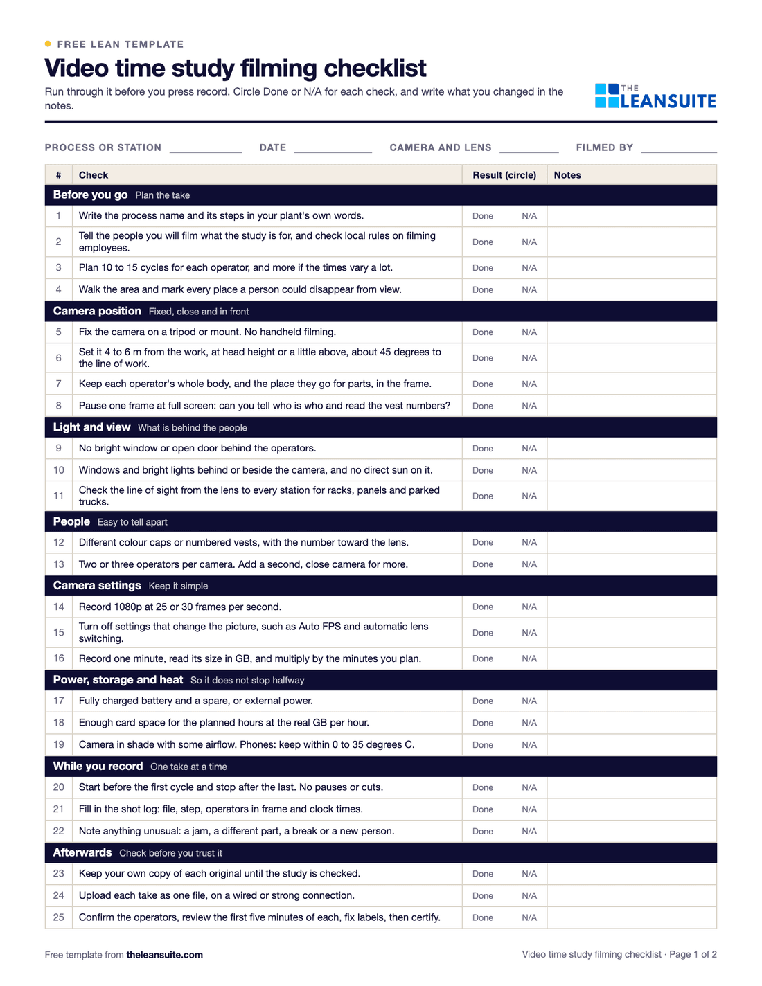 Page 1 of the video time study filming checklist