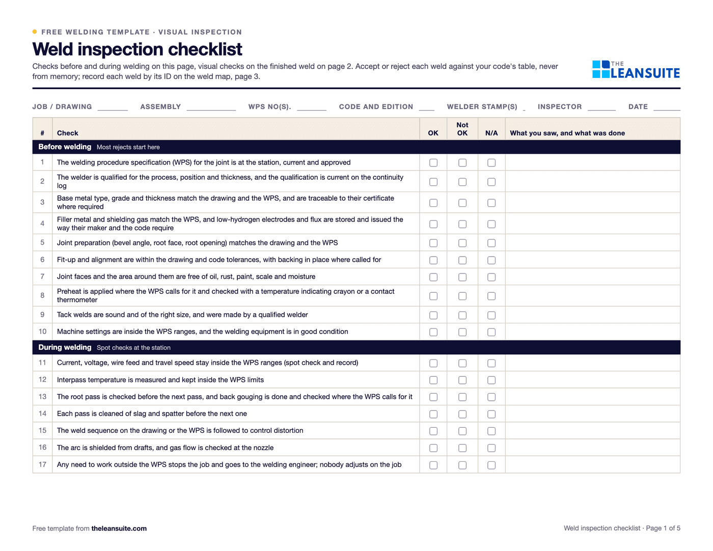 Page 1 of the weld inspection checklist