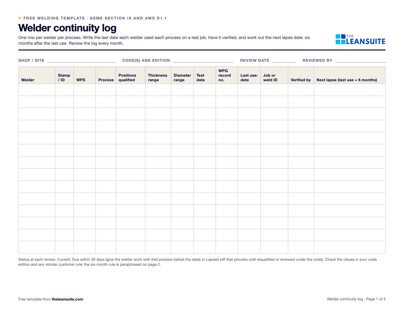 Page 1 of the welder continuity log