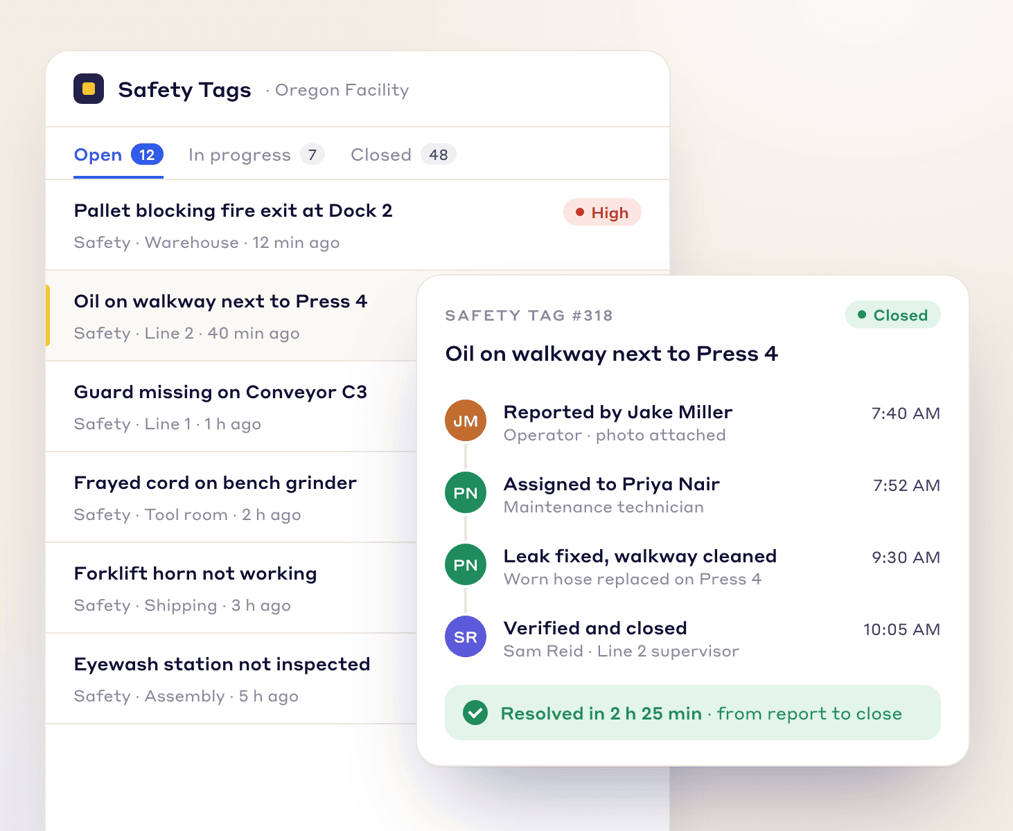 LeanSuite safety tags, and one tag from report to verified close