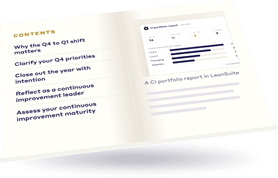 Open e-book "The Continuous Improvement Readiness Guide" showing its contents and a LeanSuite CI portfolio report