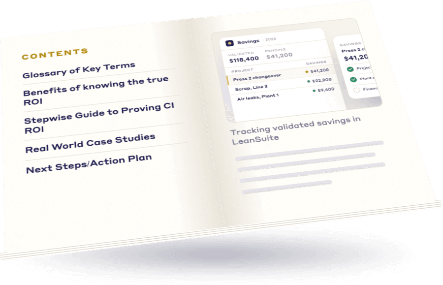 Open e-book "What's the True ROI of Your CI Program?" showing its contents and LeanSuite savings tracking with validated and pending savings