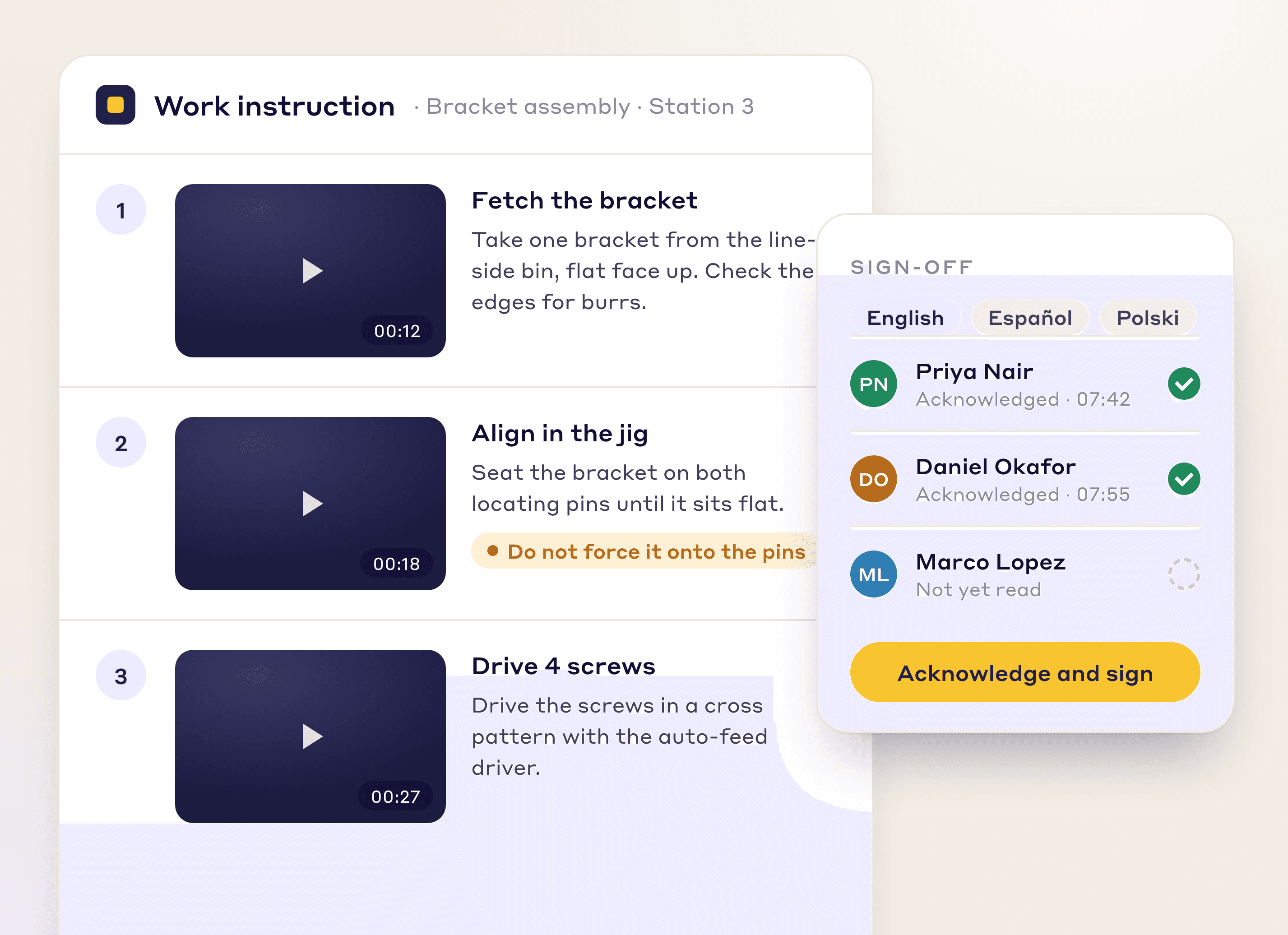 Work instruction steps built from video frames with timestamps, next to an operator sign-off card
