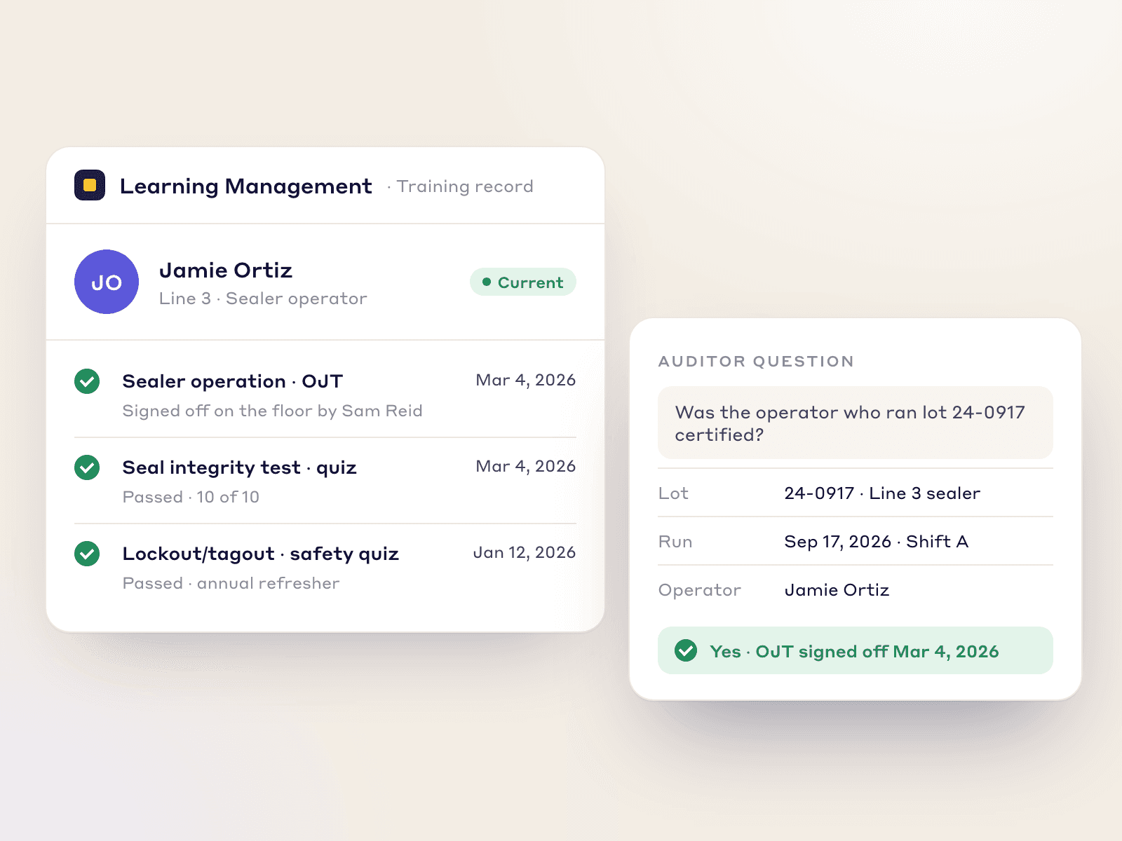 An operator's training record with the dates their OJT and safety quiz were passed, linked to the production lot they ran