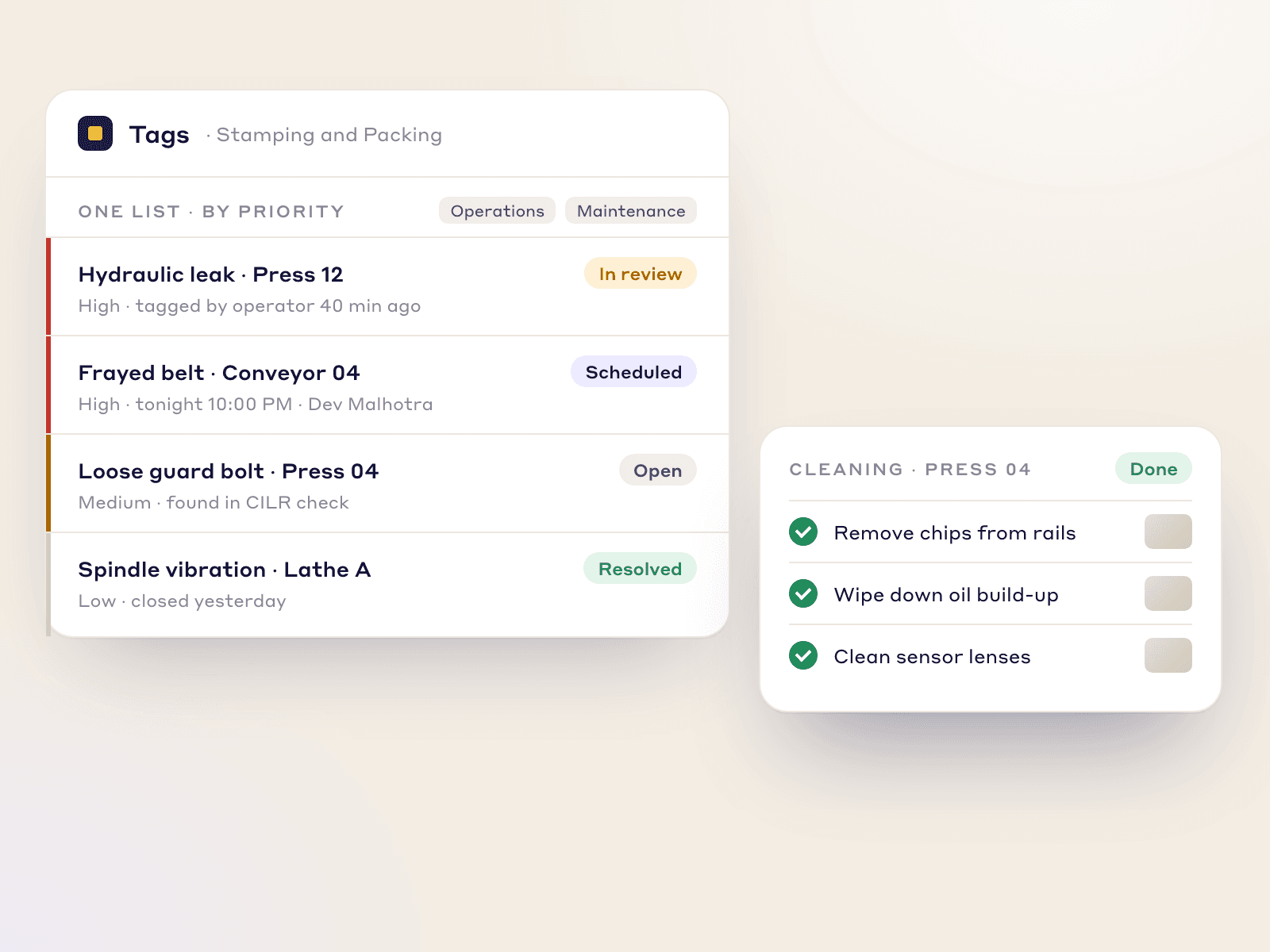 A completed digital cleaning routine next to the tag list Operations and Maintenance share, sorted by priority