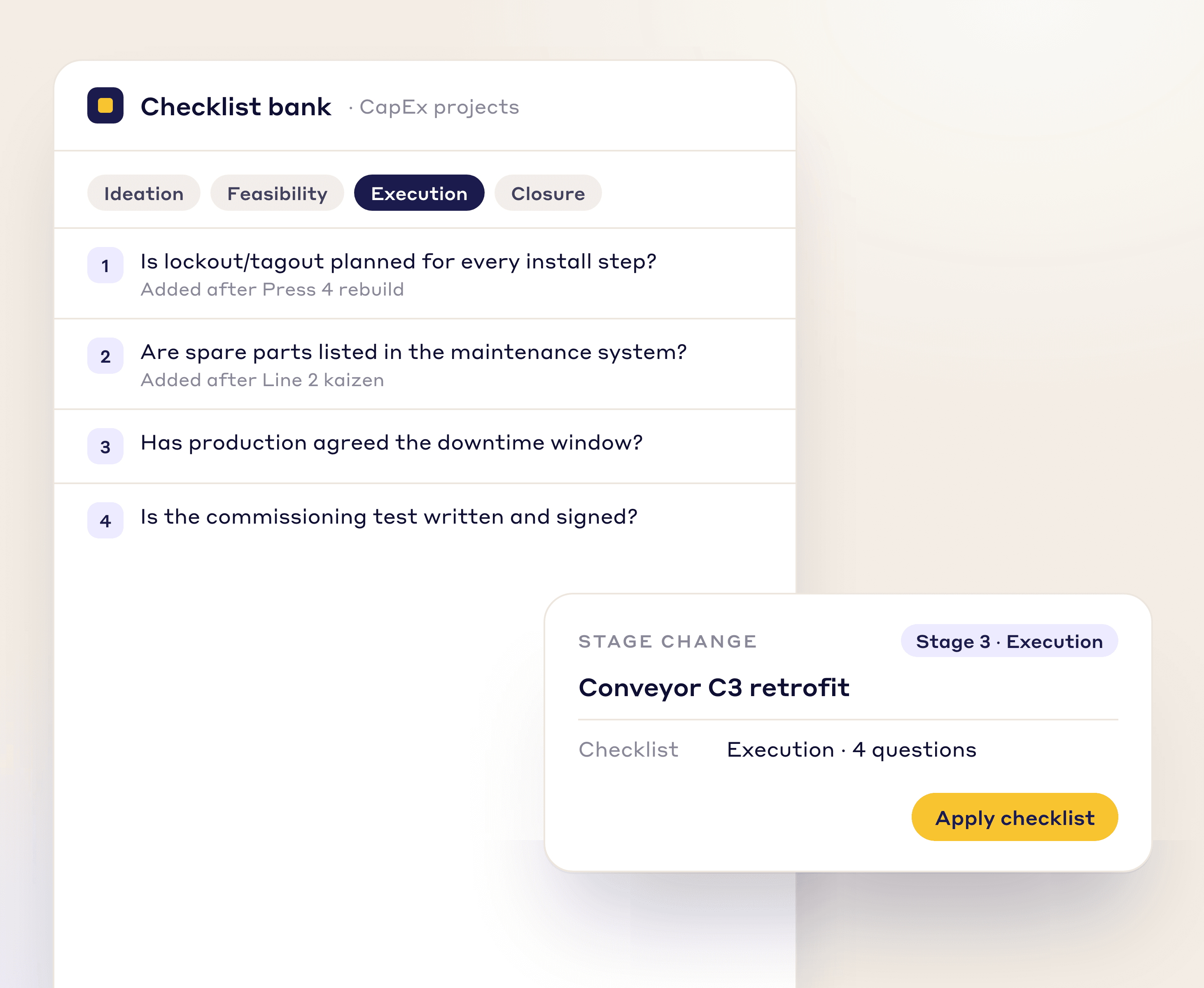 Checklist bank of execution-stage questions such as lockout/tagout planning, applied to the Conveyor C3 retrofit