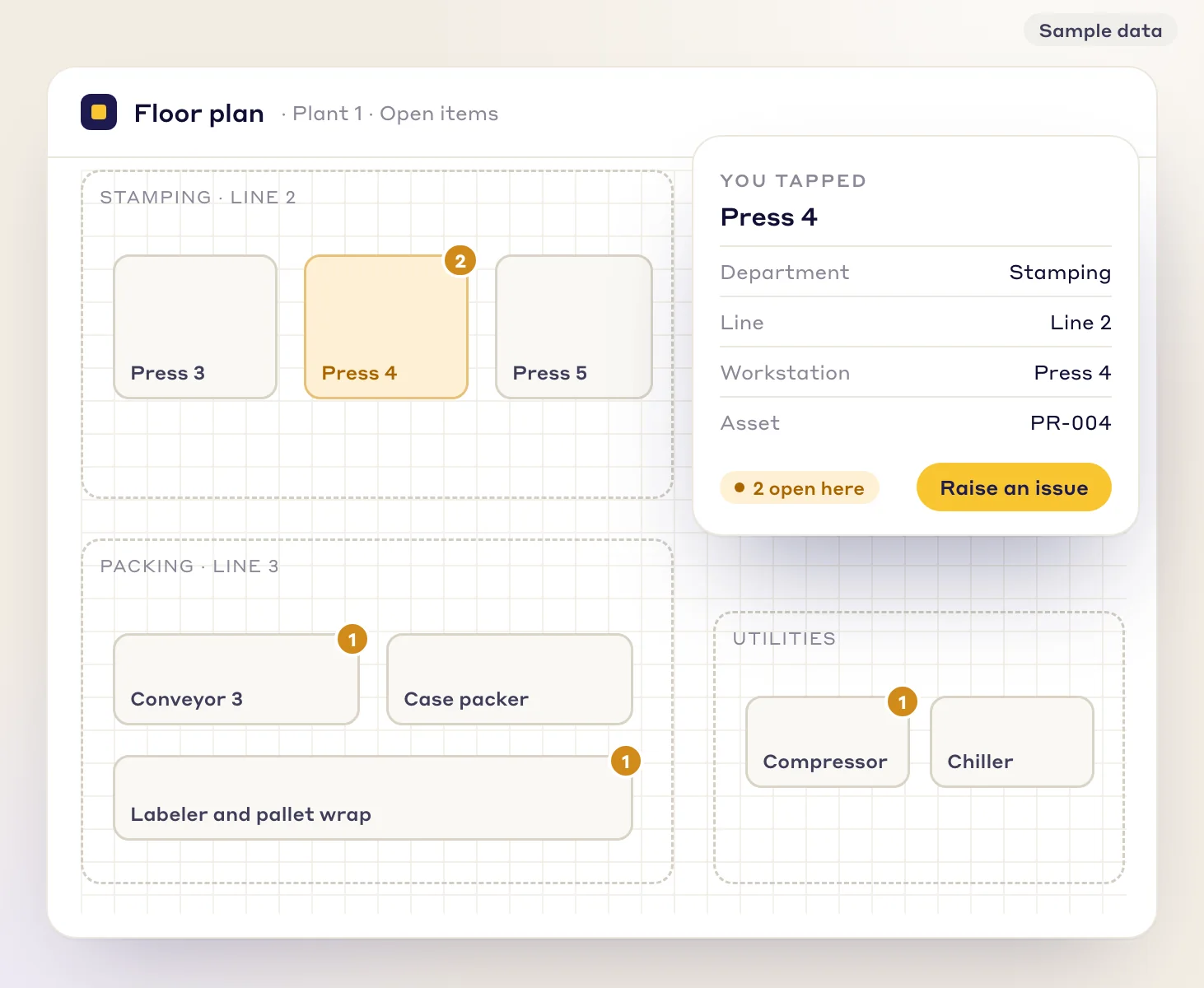 A floor plan with Press 4 tapped, showing its location details and a button to raise an issue there