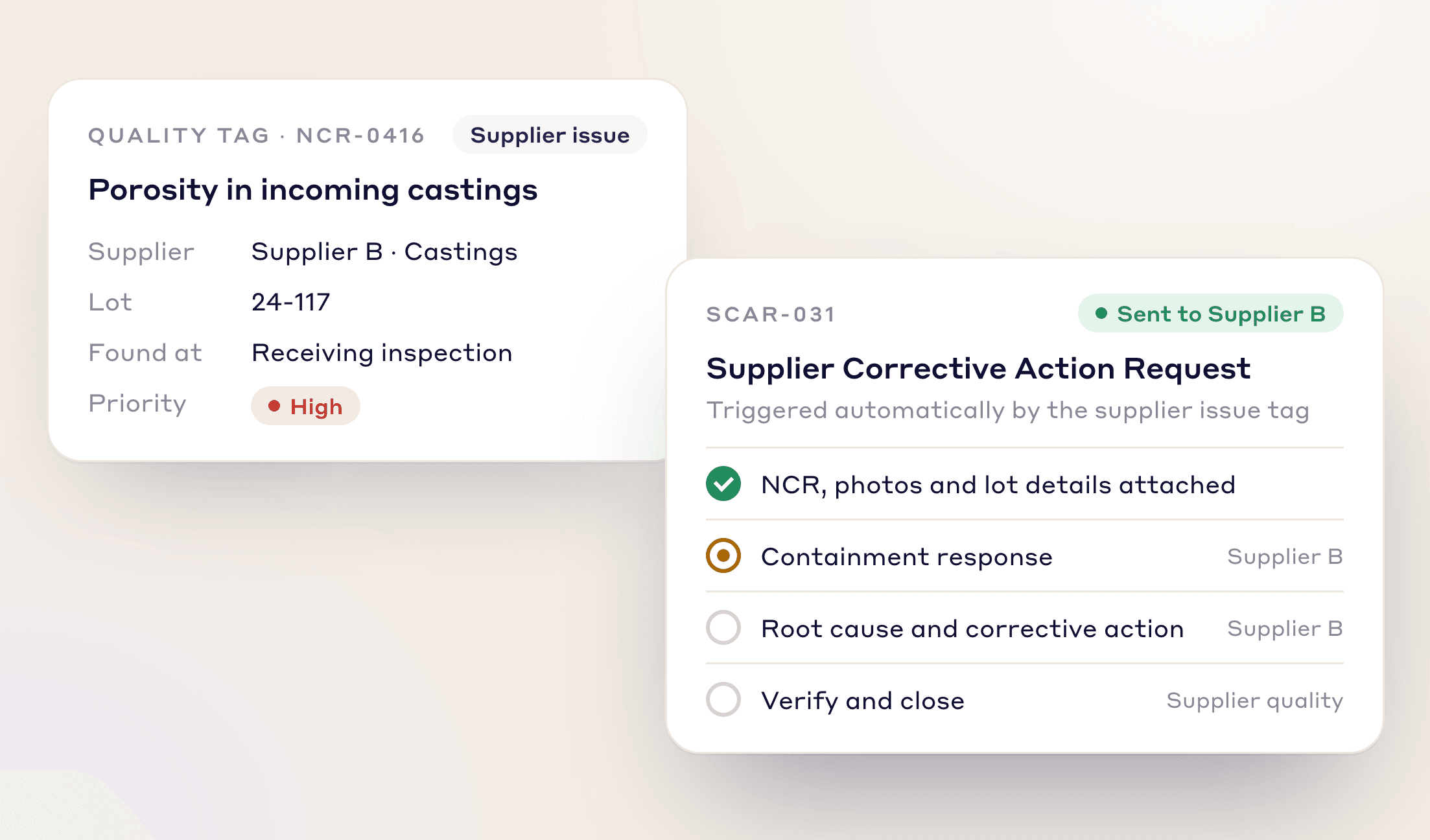Supplier issue tag on incoming castings creating a Supplier Corrective Action Request