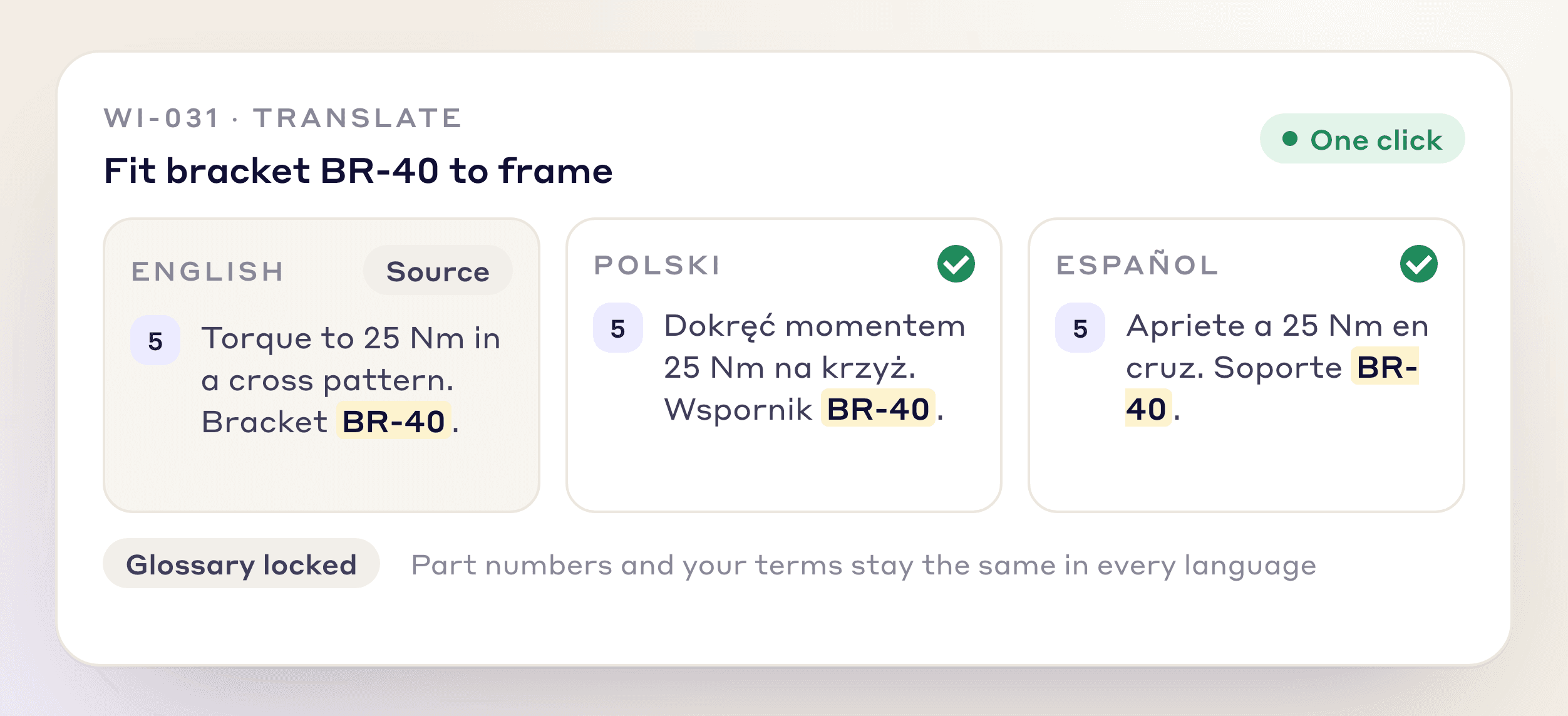 One work instruction step in English, Polish and Spanish, with the part number kept
