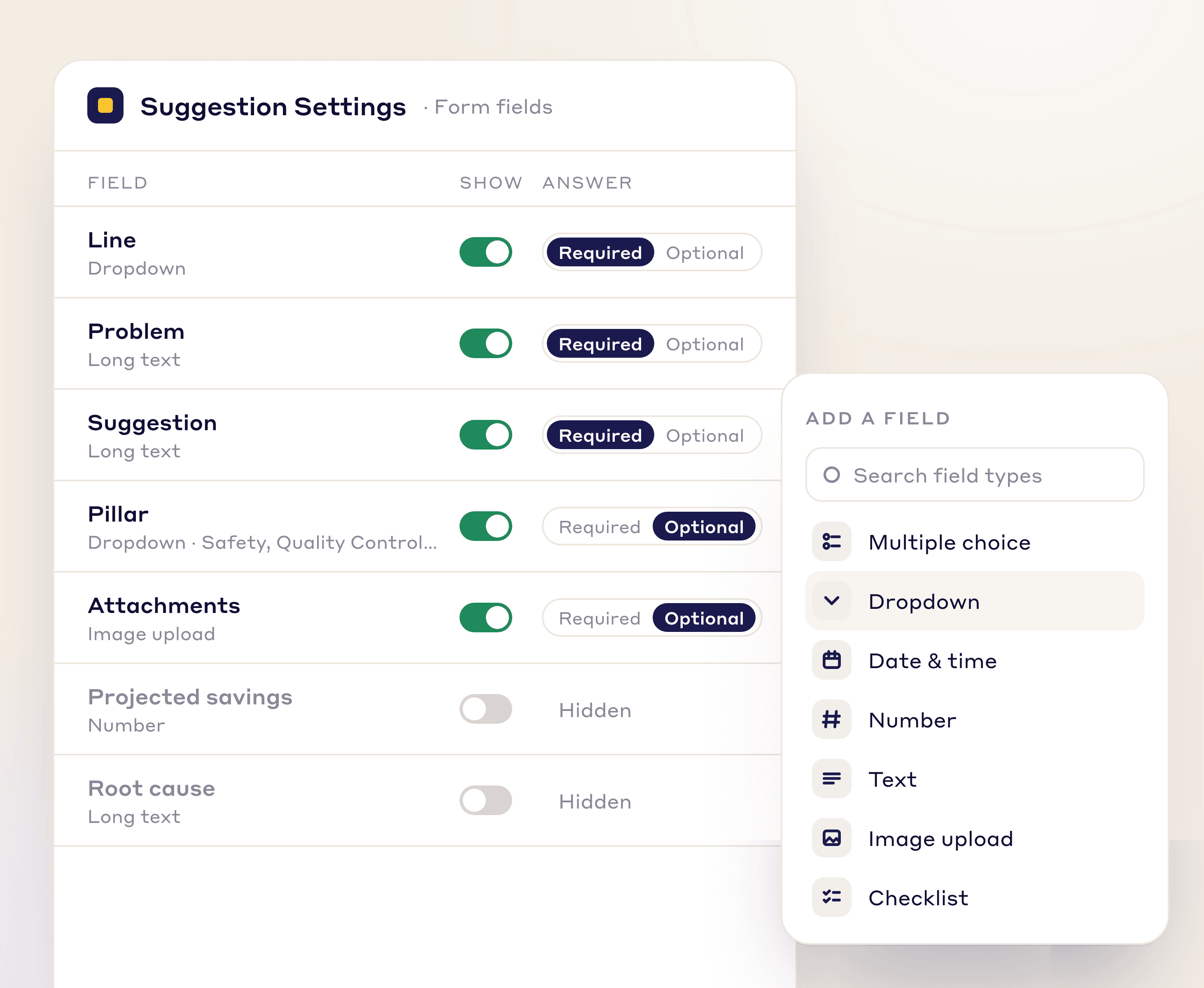 Idea form settings: each field shown or hidden and set as required or optional, with a list of field types to add