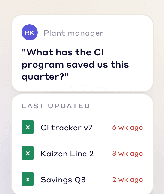 The plant manager asks what CI saved this quarter, and the answer sits in spreadsheets weeks out of date