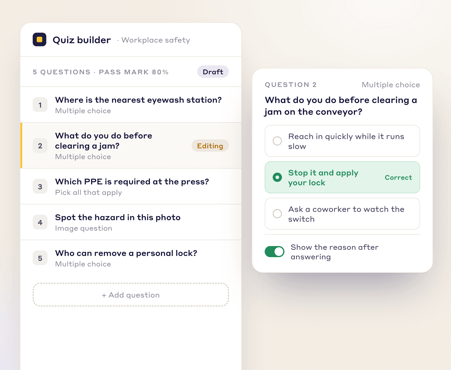 VERIFY COMPREHENSION, Go beyond completion rates with a quiz builder - Visual demonstration