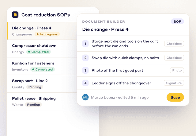 Cost reduction SOPs and a four-step Press 4 die change SOP in the document builder, with checkbox, photo and signature steps