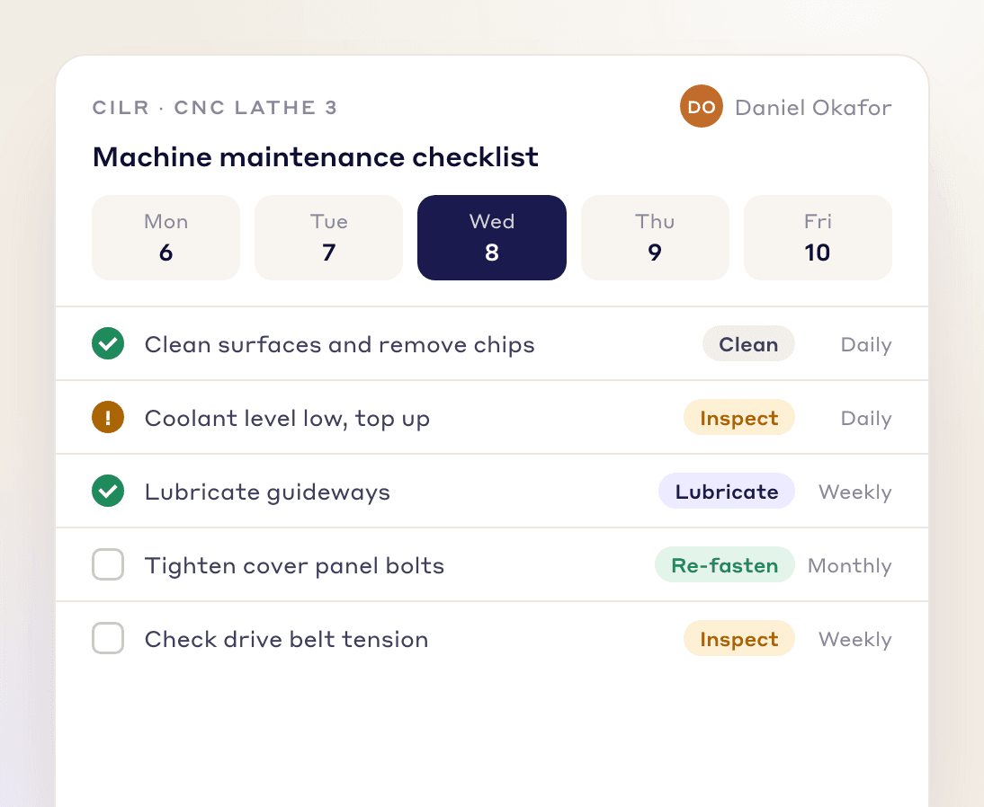 CILR maintenance checklist for a CNC lathe with clean, inspect, lubricate and re-fasten tasks and how often each runs