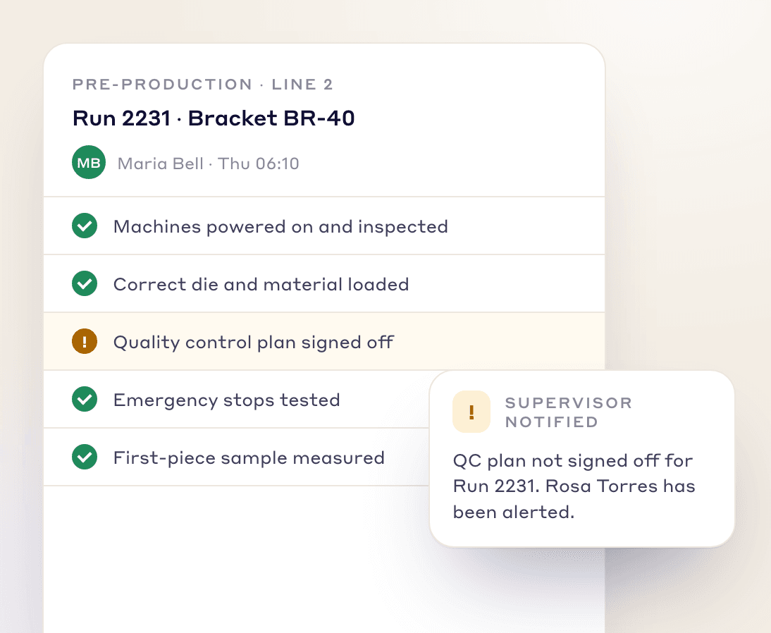 Pre-production inspection for a run with one open checkpoint and the supervisor notified