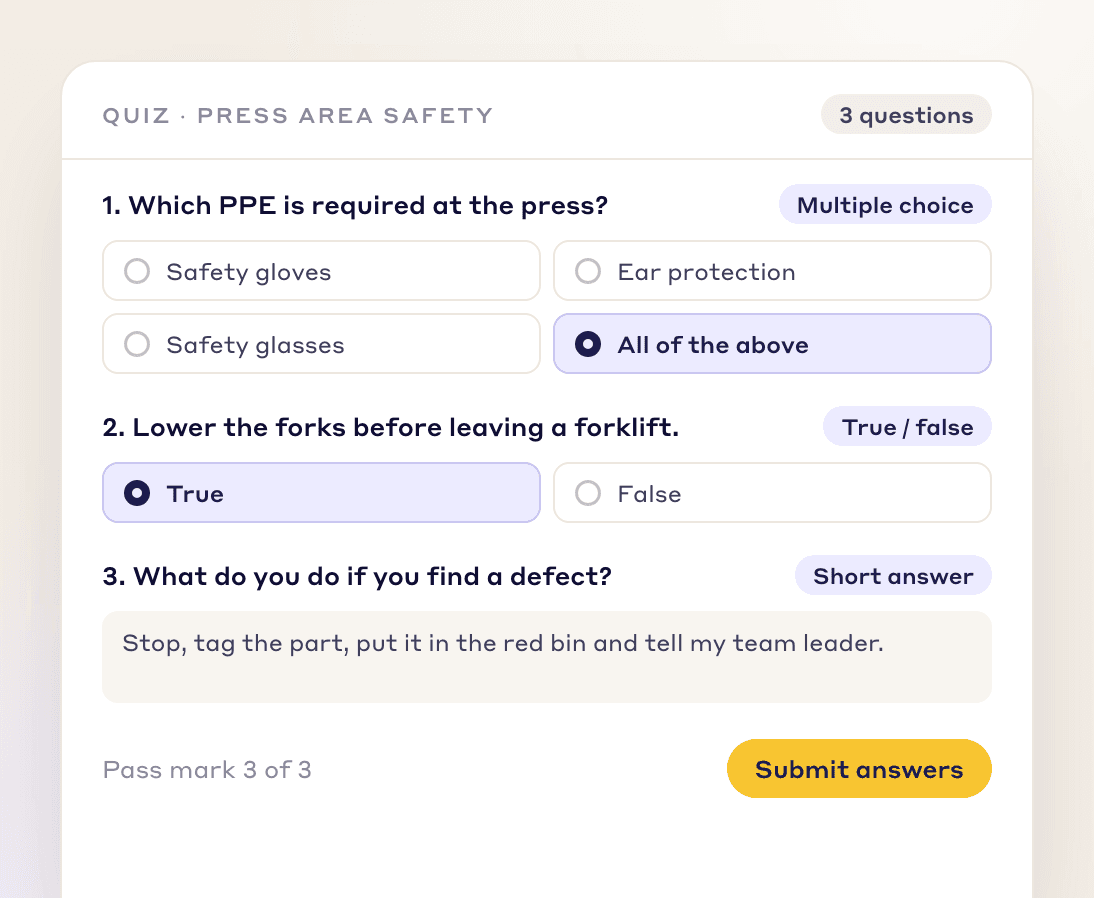 Press area safety quiz with a multiple choice, a true or false and a short answer question