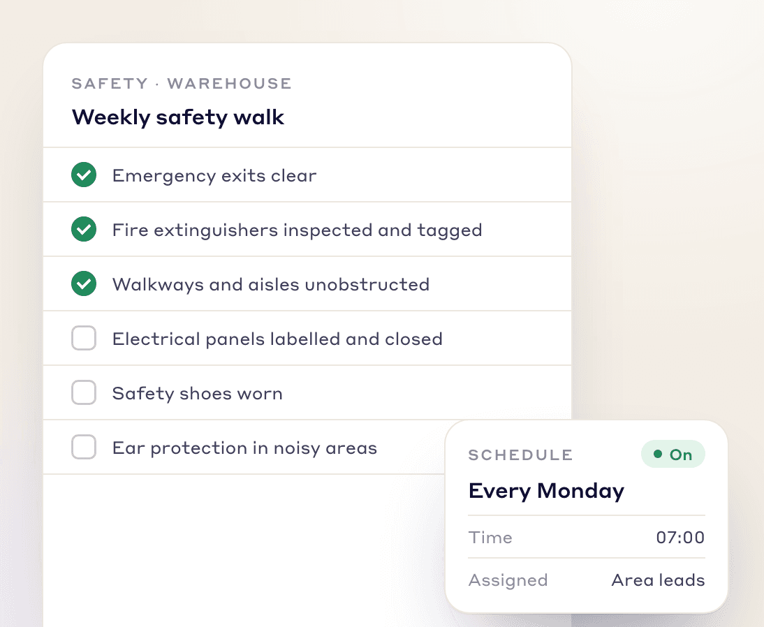 Weekly warehouse safety checklist set to repeat every Monday for area leads