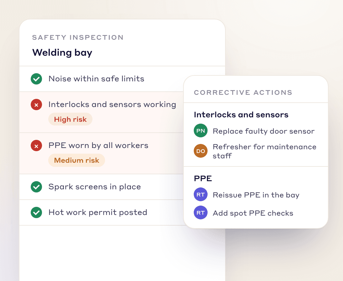Welding bay safety inspection with two failed items rated by risk and the corrective actions assigned for each