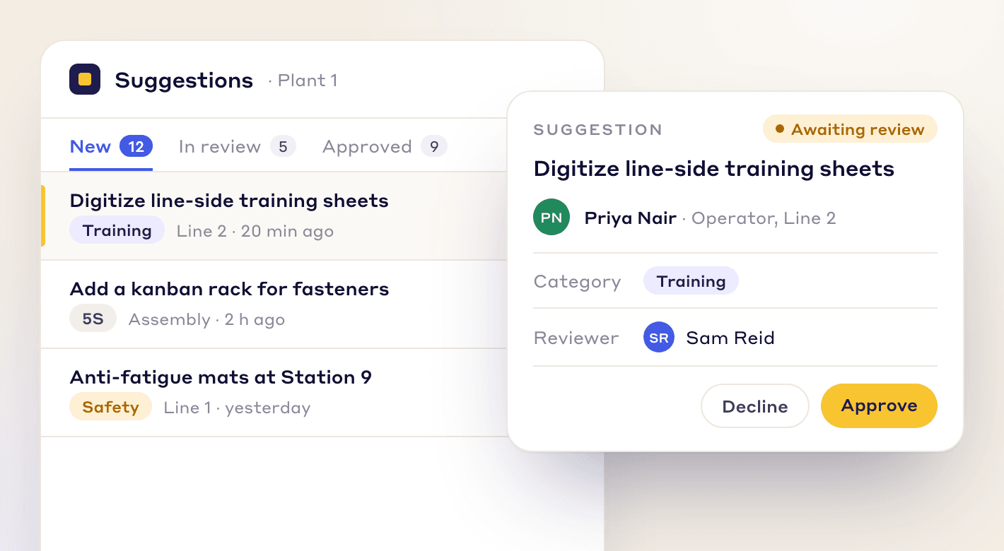 Suggestions list with an operator's idea to digitize line-side training sheets waiting for a reviewer to approve or decline