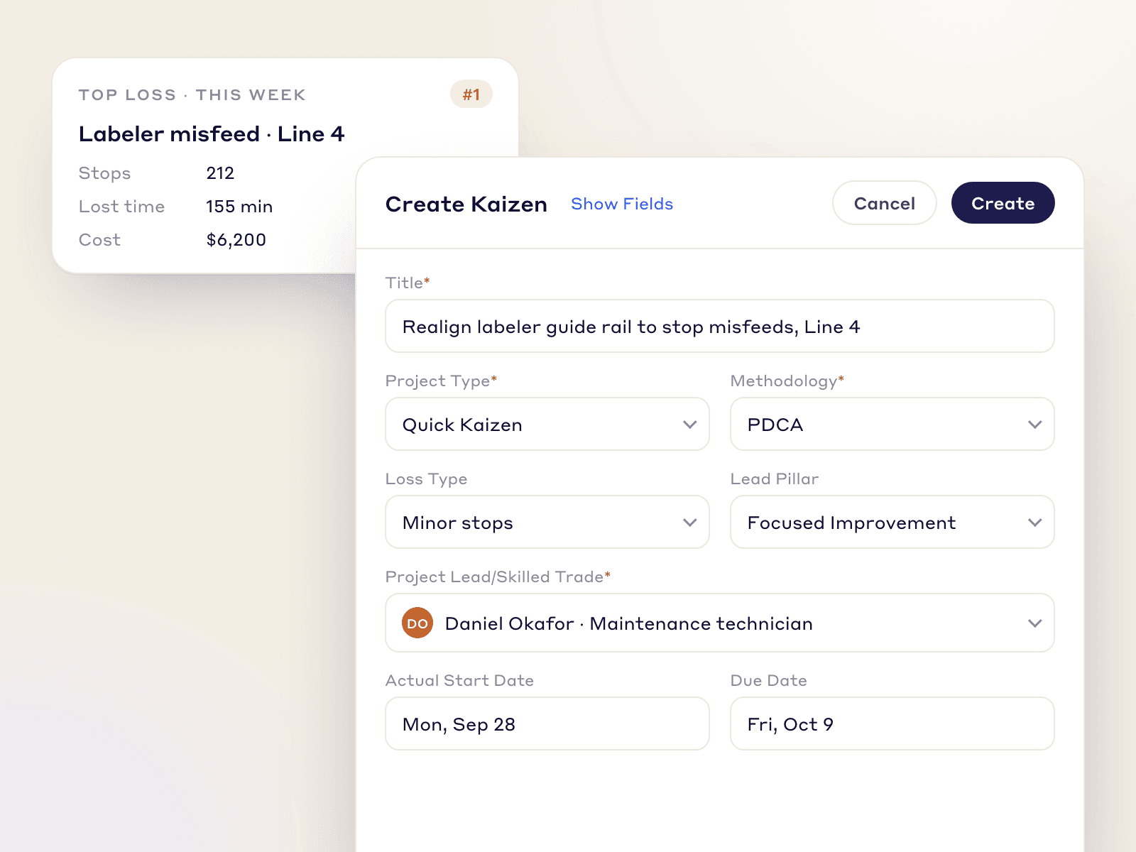 Create Kaizen form opened from the top micro-stop loss, with loss type, pillar and project lead