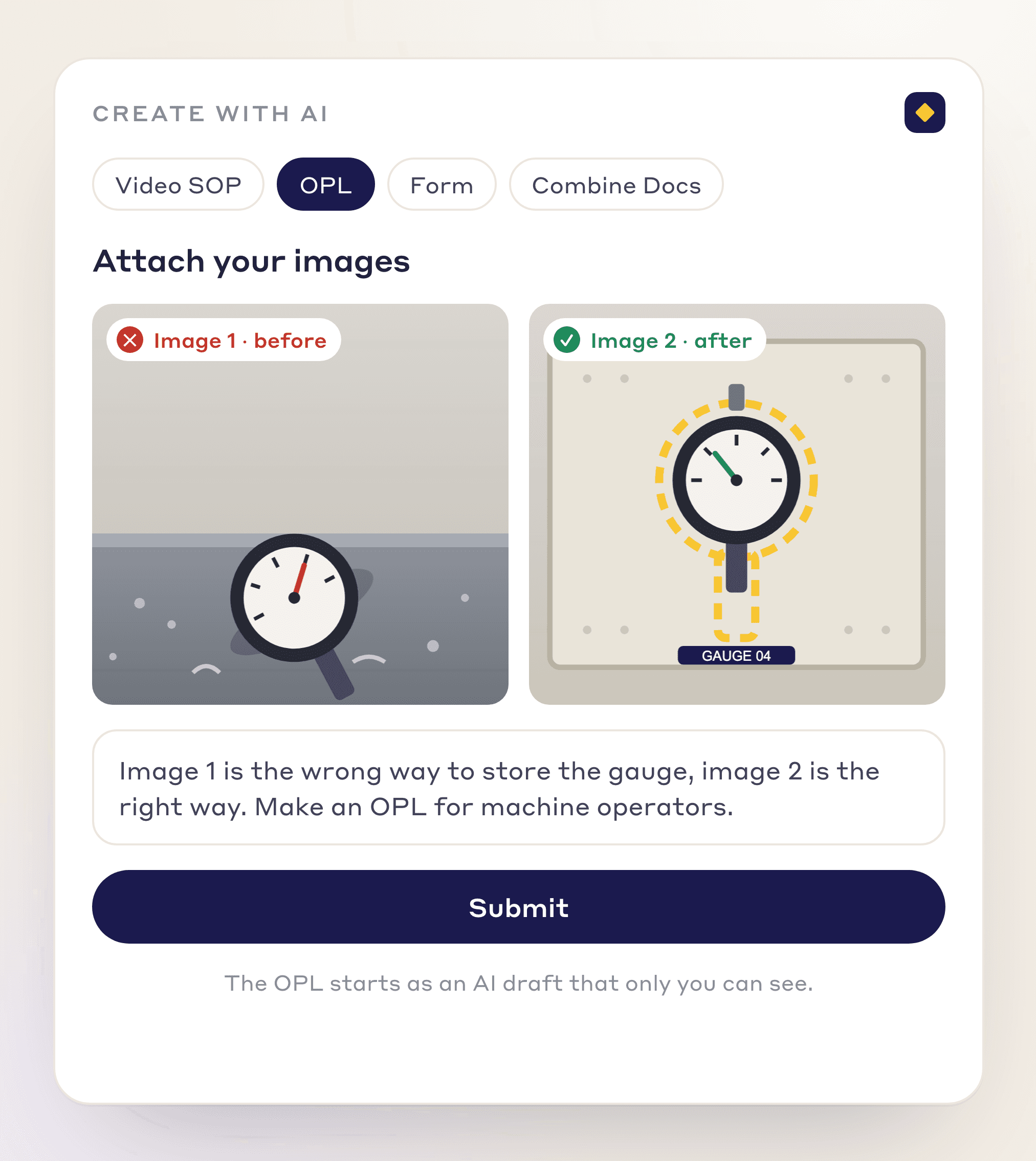 Create with AI in OPL mode: a before photo and an after photo attached, with a prompt saying which is the wrong way and which is the right way