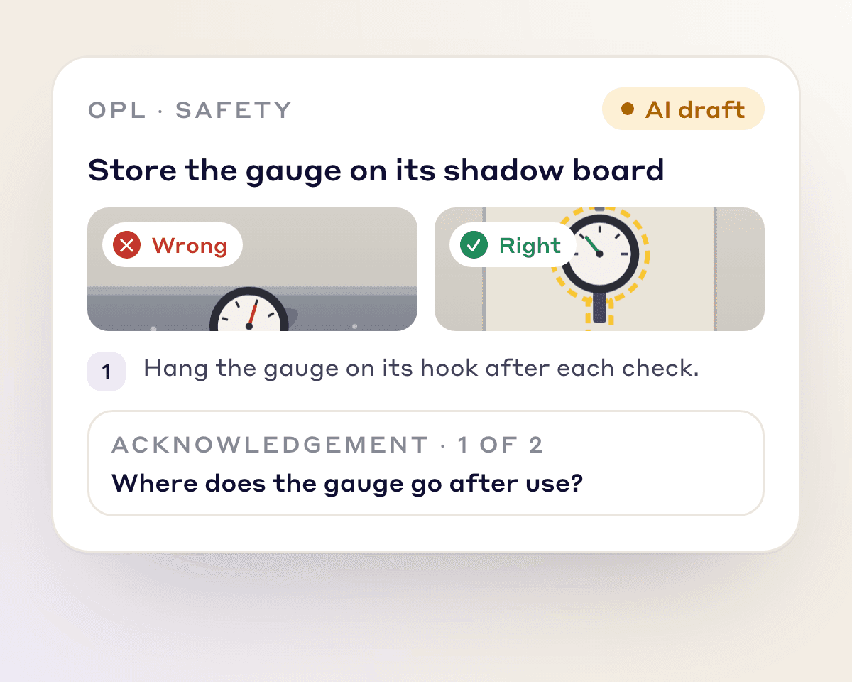 One point lesson drafted by Lean AI from the two photos, with key points and acknowledgement questions