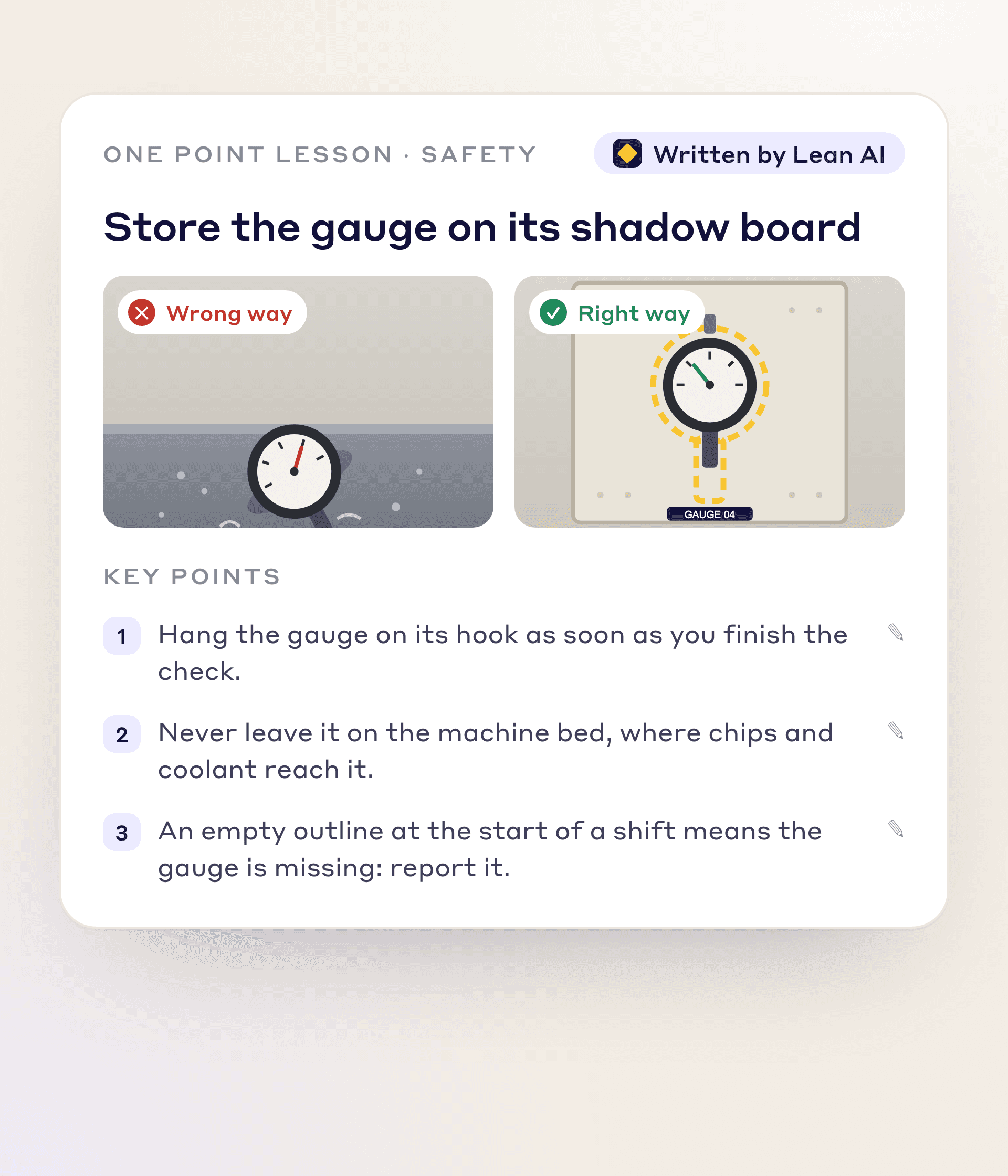 One point lesson with the wrong-way and right-way photos side by side and three key points written by Lean AI