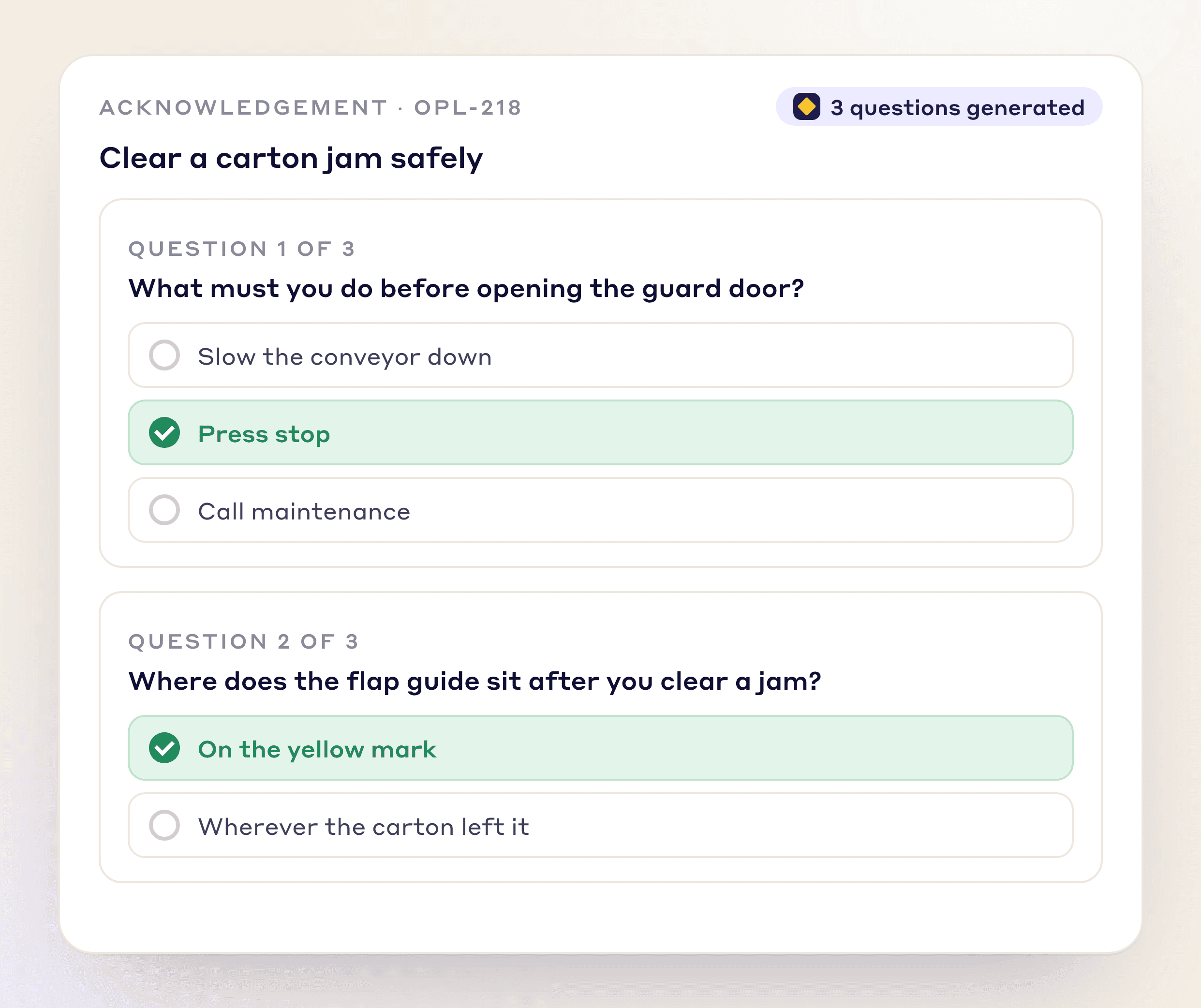 Acknowledgement questions generated for a one point lesson, with the correct answers marked