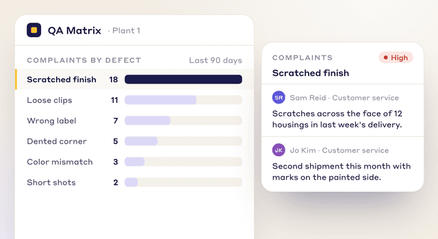 QA Matrix of customer complaints by defect over 90 days, led by scratched finish (18), with two customer service notes on it