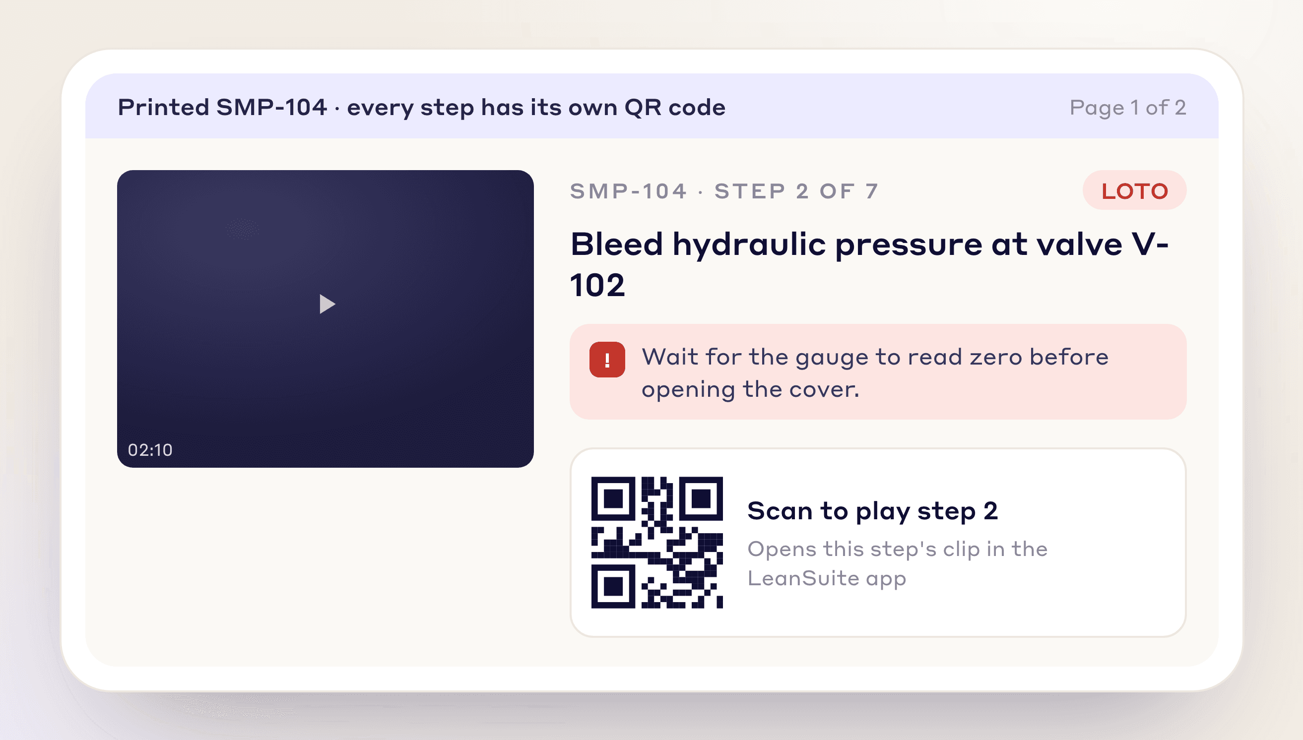 Printed SMP step for bleeding hydraulic pressure, with a lockout warning and a QR code that plays the step's clip