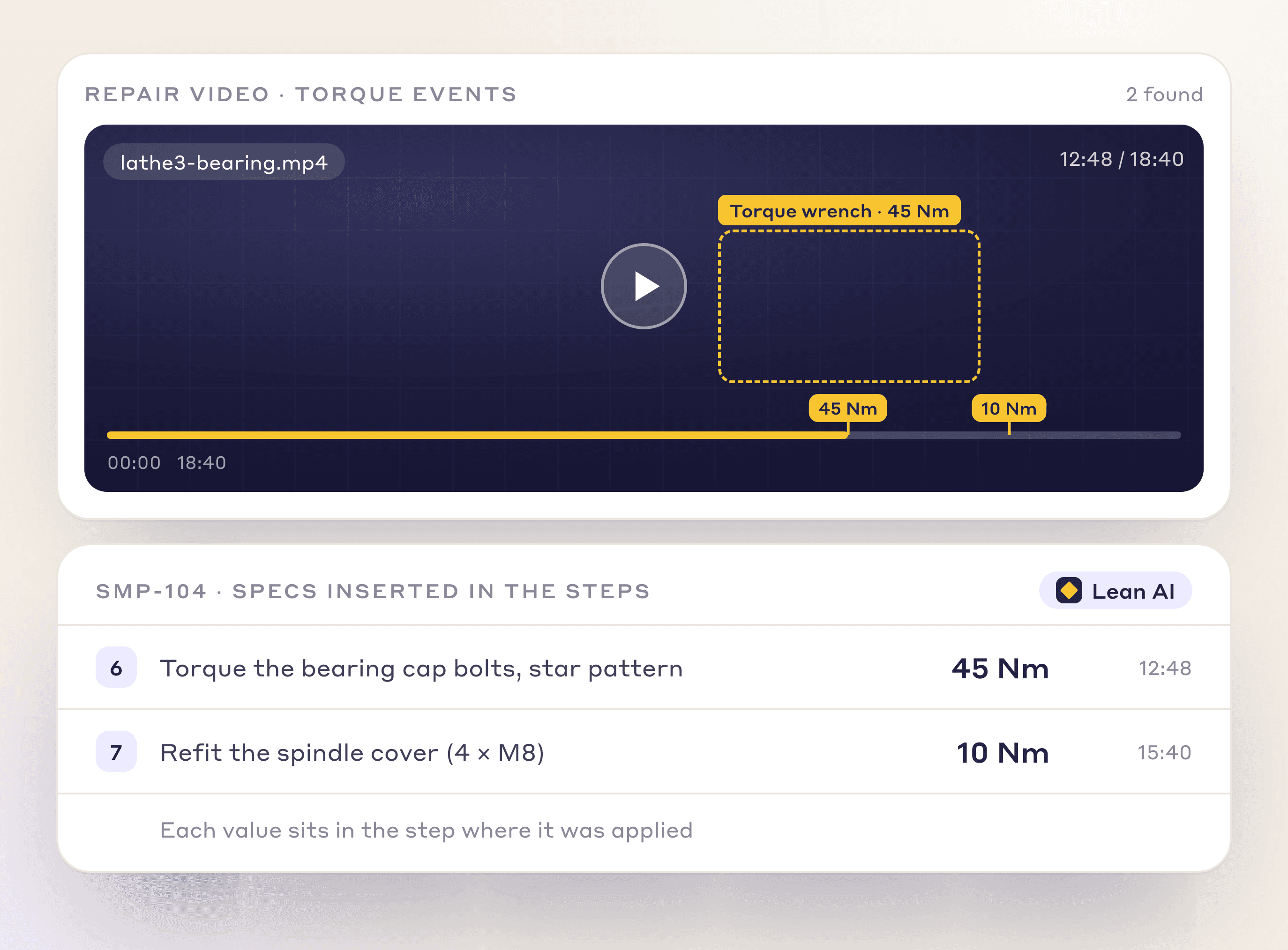 Torque events marked on the repair video and the values written into SMP steps 6 and 7
