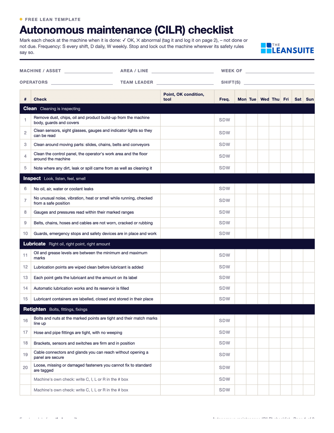 Page 1 of the autonomous maintenance checklist: fields for machine, area, week, operators and team leader, a key for OK, abnormal and not done, and the clean, inspect, lubricate and retighten checks with a standard column, a frequency to circle and a box for each day.