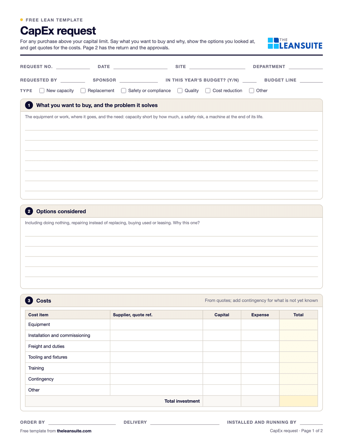 Page 1 of the CapEx request form: request fields, type tick boxes, boxes for what you want to buy and the problem it solves and the options considered, and a cost table with capital, expense and total columns.
