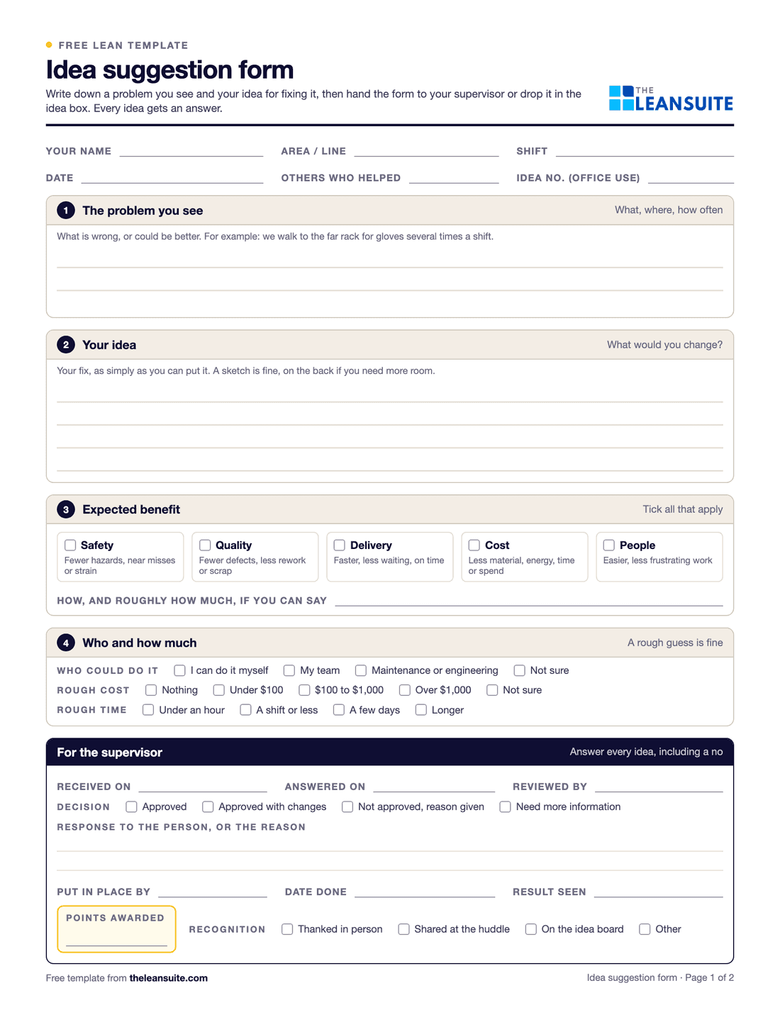Page 1 of the idea suggestion form: fields for name, area, shift and date, boxes for the problem and the idea, tick boxes for the expected benefit in safety, quality, delivery, cost and people, a rough cost and time, and a supervisor section with the decision, the response, the date put in place and points.