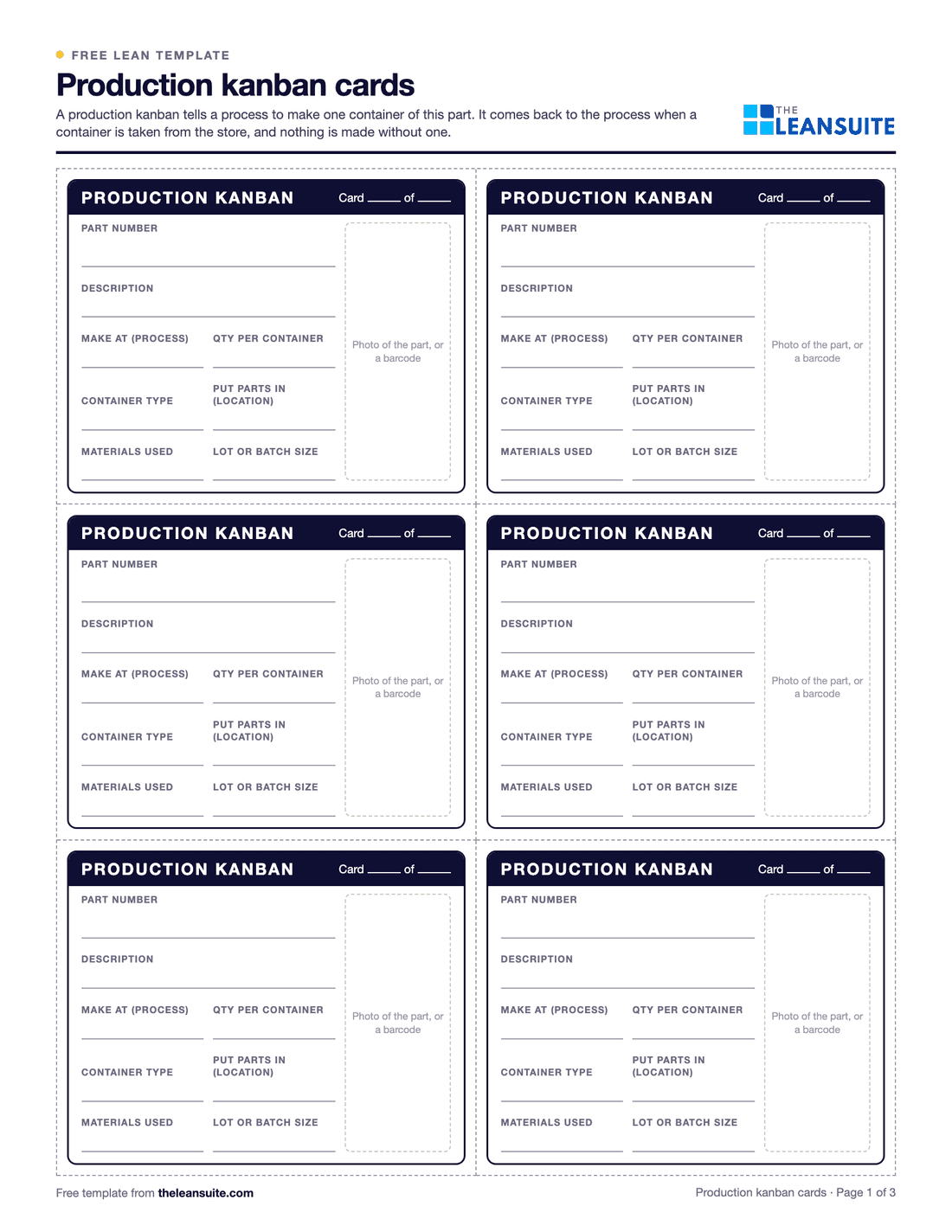 Page 1 of the kanban card template: six production kanban cards in a two by three grid with dashed cut lines, each with part number, description, where it is made, quantity per container, container type, location, materials, lot size, card number and a space for a photo or barcode.