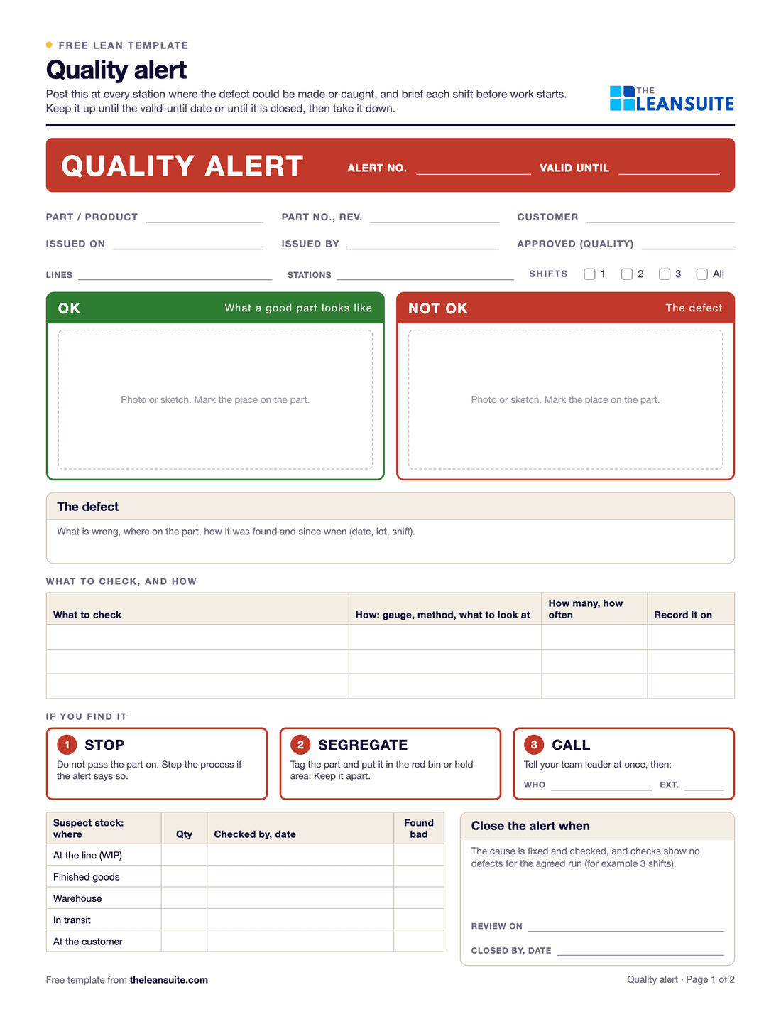 Page 1 of the quality alert form: a red quality alert band with the alert number and valid-until date, fields for part, customer, issuer and approver, lines, stations and shifts, OK and not OK photo boxes, the defect, a table of what to check and how, stop, segregate and call steps, a suspect stock table and when to close the alert.