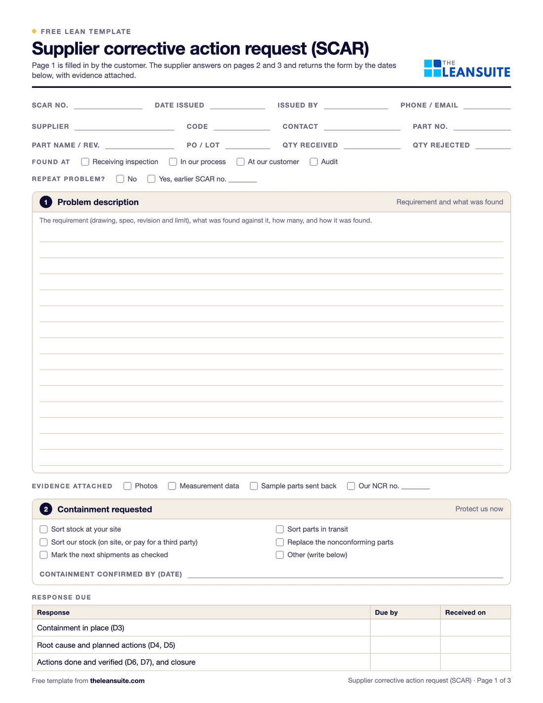 Page 1 of the supplier corrective action request form: fields for the SCAR number, supplier, part and quantities, tick boxes for where it was found and repeat problems, a large box for the problem description, the containment requested, and a table of response due dates.