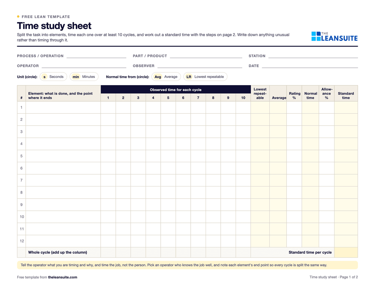 Study Time Pdf Time Study Sheet Template: Free PDF and Excel | LeanSuite