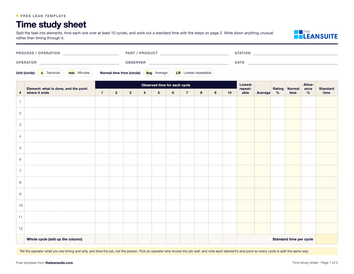 Page 1 of the time study sheet: fields for process, part, station, operator, observer and date, a choice of unit and of average or lowest repeatable, and a table of 12 elements by 10 cycles with columns for lowest repeatable, average, rating, normal time, allowance and standard time.