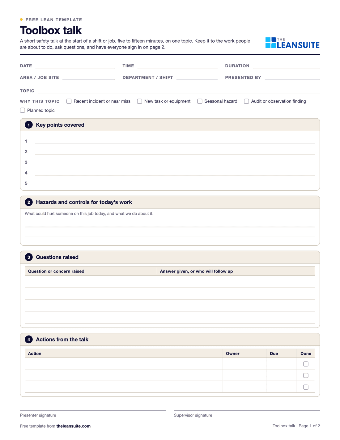 Page 1 of the toolbox talk template: fields for date, time, duration, area, shift and presenter, a topic line with tick boxes for why it was chosen, numbered lines for the key points, a box for today's hazards and controls, a questions table and an actions table.