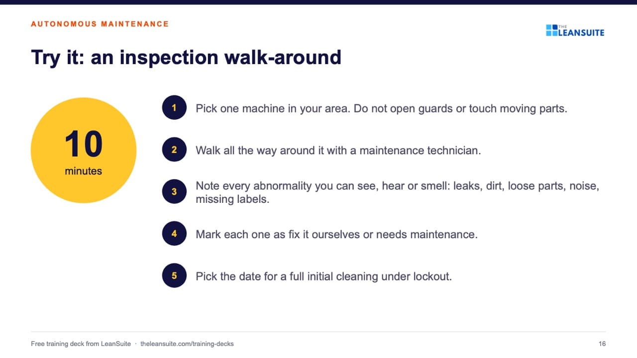 Slide 16 of the autonomous maintenance training presentation: the 7 steps: Try it: an inspection walk-around.