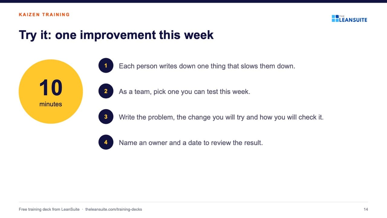 Slide 14 of the kaizen training presentation: Try it: one improvement this week.