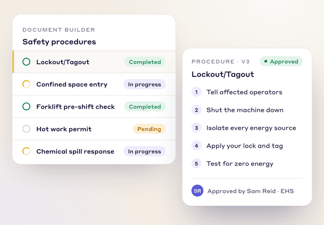 Safety procedures in the document builder and an approved five-step Lockout/Tagout procedure ending with a zero energy test