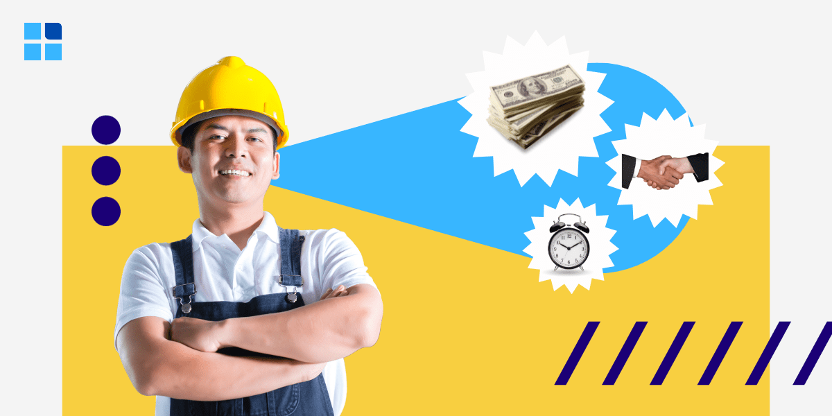 Smiling worker in a yellow hard hat and overalls stands confidently, arms crossed.