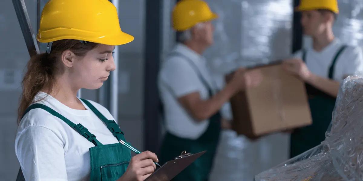 Young female worker in a yellow hard hat and green overalls writing on a clipboard.