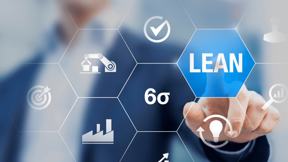 A person in a suit pointing to a "LEAN" button on a digital touchscreen interface, surrounded by icons for Six Sigma ($6\sigma$) and process improvement.
