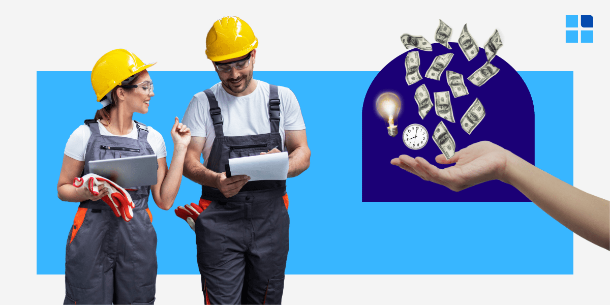 Two construction workers in yellow helmets discuss while holding tablets.